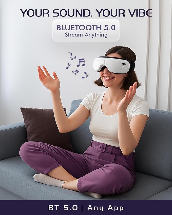 Eye Massager with Heat & Compression, 5 Massage Modes, Bluetooth Music, Foldable Massager for Eye Strain Relief, Relaxation & Better Sleep, Heated Eye Mask, Migraine Relief Device, Gifts for Women/Men