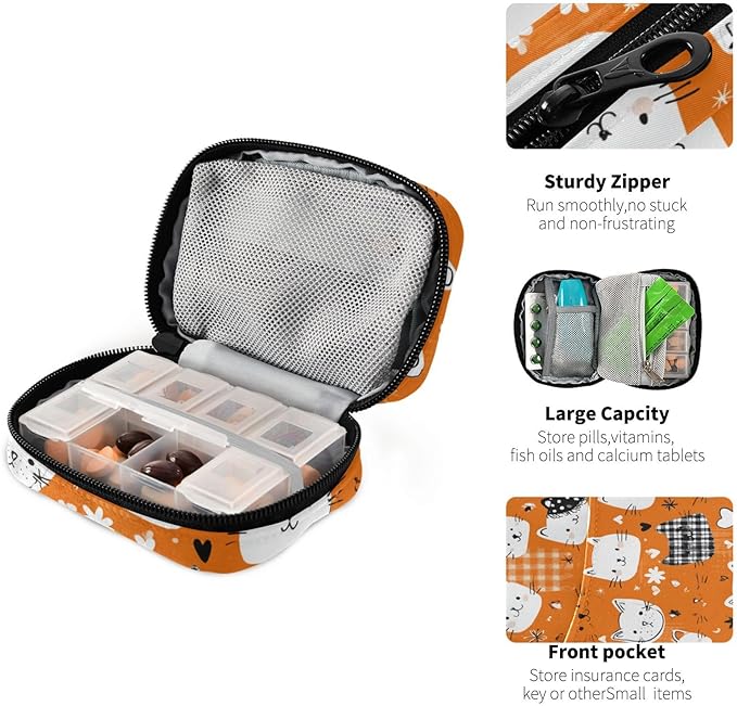 Checkered Orange Kittens Hearts Travel Pill Organizer Case Box Container Weekly Portable Vitamin Medicine Holder Storage Bag with Zipper Removable