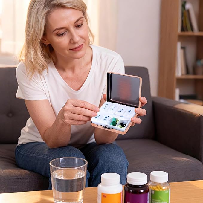 Portable Metal Travel Pill Organizer (7 Days a Week), Large Capacity 8 Compartments, BPA-Free (M-Antique Red, Medium)