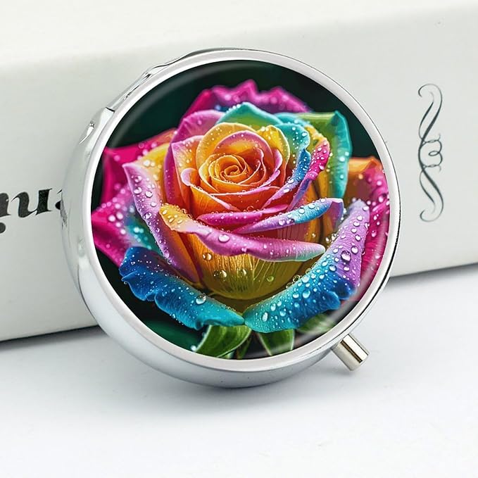 Colorful Rose with Water Pill Box Travel Pill Case for Purse Pocket Weekly Medicine Organizer with Mirror 3 Compartment Round Medicine Case Portable PillcaseHolder for Daily