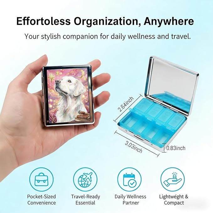 Metal 7 Day Pill Organizer, Weekly Pill Case 8 Compartments, Travel Pill Box for Purse & Pocket, Small Medicine & Vitamin Organizer, PP Dividers, Secure Clasp (Golden Retriever)