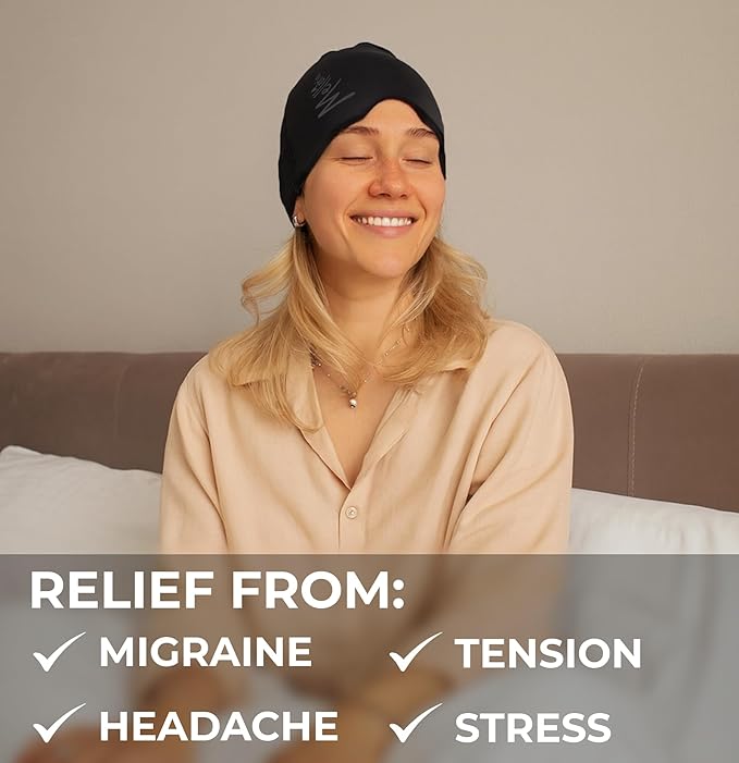 Migraine Relief Cap – Reusable Cooling Hat with Headache & Stress Relief | Soft, Stretchy Fit & Gentle Compression | Self-Care Essential Cold Gel Pack (Black)