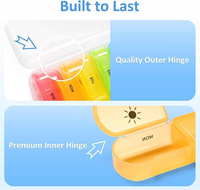 Fullicon Extra Large AM PM Pill Box Organizer 7 Day, Travel Medicine Pill Organizer 2 Times a Day, Large Supplement Vitamin Dispenser, Weekly Jumbo Pill Case Container for Purse (Clear Rainbow)