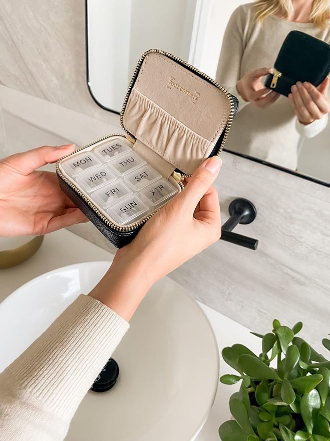 Weekly Pill Organizer 7 Day – Travel Pill Case for Vitamins & Medication, Premium Vegan Leather Pill Box with Removable Daily Compartments, Portable Supplement Organizer with Secure Zipper (Black)
