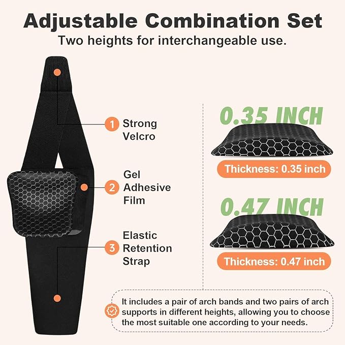 Wearable Arch Support Inserts for Women & Men – 2 Adjustable Heights, Non-Slip Breathable – Plantar Fasciitis Relief Arch Band for Flat Feet, High Arches