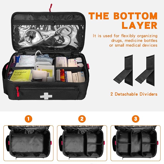 Boczif First Aid Kit, First Aid Storage Carry Bag, Pill Bottle Organizer for Emergency Trauma Medical Kits Supplies Waterproof, Ideal for Home, Travel, Outdoor, Camping (black with shoulder strap)