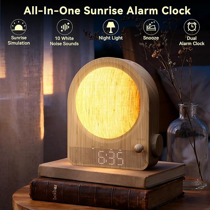 Vivilumens Gradual Sunrise Alarm Clock & White Noise Sound Machine for Better Sleep - Wood Grain Design, Wake-Up Light, Night Light, 10 Natural Sounds, Dual Alarms for Heavy Sleepers