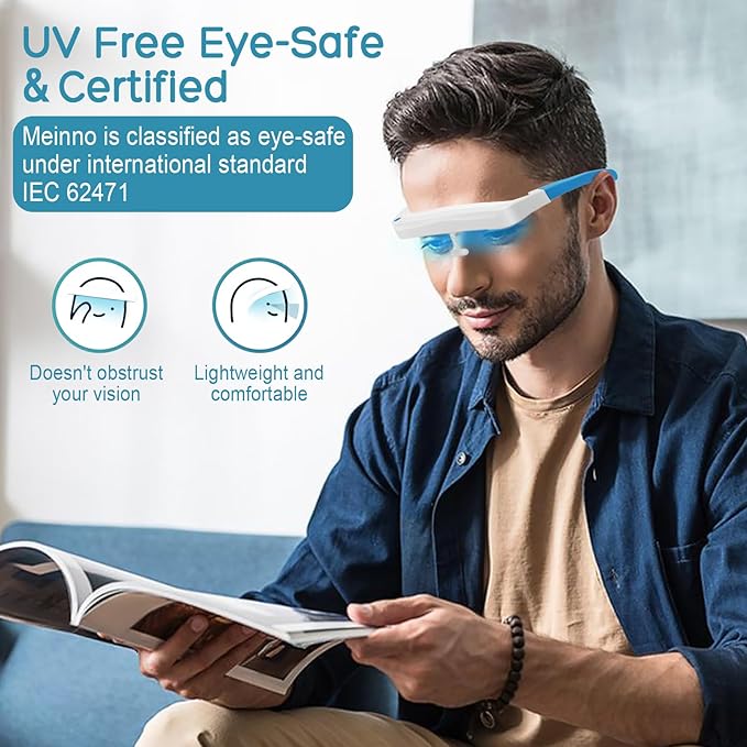 Light Therapy Glasses, Blue-White UV-Free Light Therapy Lamp, Portable Daylight Lamp, Wearable Sunlight Lamp, Boost Energy, Relief for Sleep Problems, Jet Lag, Equivalent to 10000 Lux