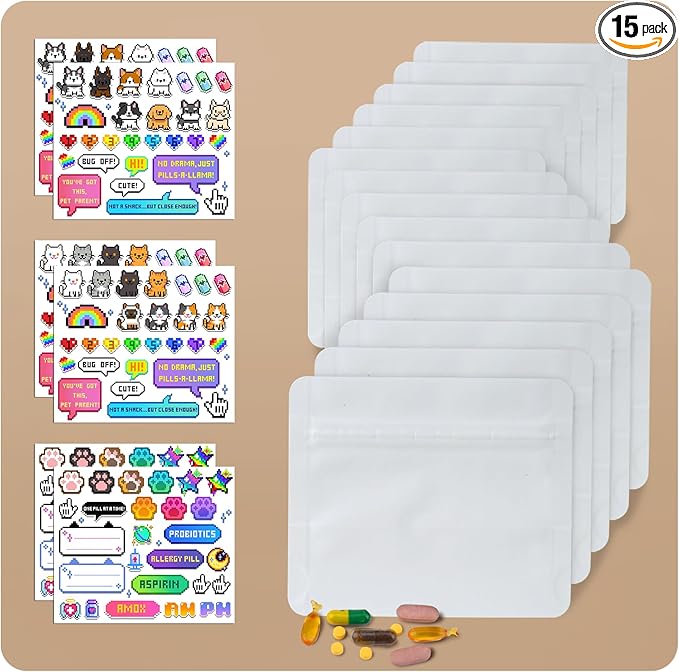 Reusable Lightproof Pill Bags with 166 Pet Stickers, Moisture-Resistant Travel Pill Organizer Pouches for Vitamins, Supplements & Daily Medicine Storage