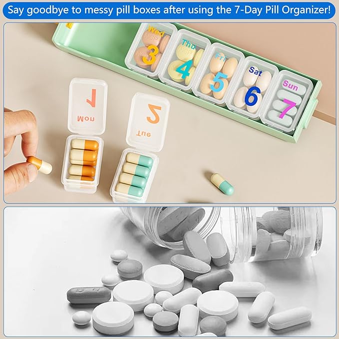 Daily Pills Organizer, Pill Box 7 Day, Weekly Pill Organizer Once A Day Vitamin Organizer, para Guardar Vitaminas, Fish Oils, Medicamentos, Suplementos, Etc (Greener)