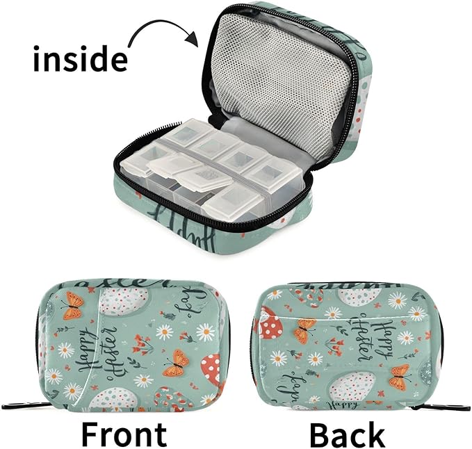 Teal Egg Daisy Easter Travel Pill Organizer Case Box Container Weekly Portable Vitamin Medicine Holder Storage Bag with Zipper Removable