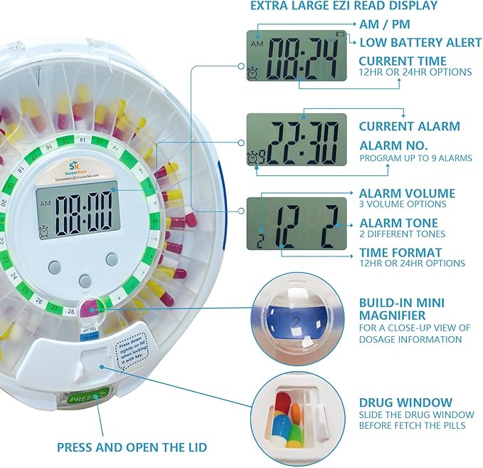 Automatic Pill Dispenser w/Alarm, Sound & Light, 28-Day Locked Medication Dispenser w/Easy-Read Display, up to 6 Alarms/Day, 9 Dosage Templates for Prescriptions, Vitamins & More, Clear Lid