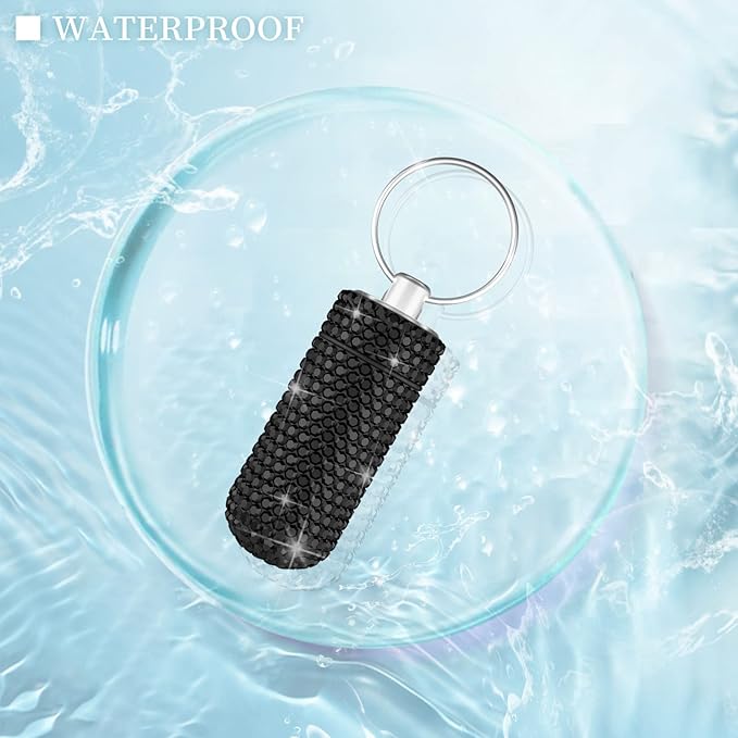 Yuchew Bling Pill Case Pill Container Rhinestone Pill Box Portable Waterproof Pocket Pill Holder Storage Bottle with Keychain for Travel, Outdoor, Camping (Black)