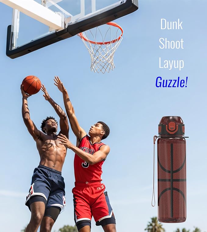 32oz/1L Sport Water Bottle, Light Tritan, Quick-Open Chug Lid/Straw 2-in-1, Leak-Proof, Dishwasher-Safe, BPA-Free, Drop-Resist & Scratch-Resist for Travel/Gym/Office/Fan Gift (Basketball 2)