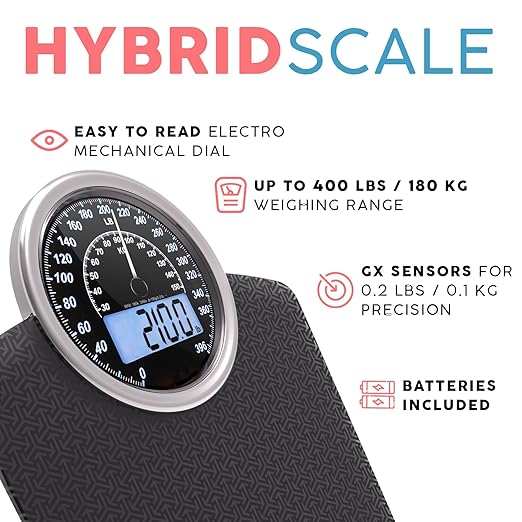 Adamson Hybrid 2-in-1 Analog & Digital Weighing Scale for Body Weight up to 400lbs - Thick Tempered Glass - Extra Large Display - Easy to Read Digital Bathroom Scale - New Version - Black Matrix
