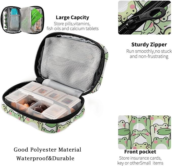 Fustylead Cute Frog in Various Poses Pill Organizer and Storage Weekly with Zipper, Removable Pill Box Portable Medicine Organizer for Vitamin Fish Oil Supplement