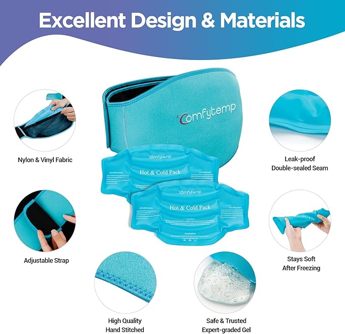 Comfytemp Ice Pack for Back Pain Relief, 2 Pcs, Sciatica Ease Brace, Reusable Gel Lower Back Ice Wrap for Injuries, Hot Cold Compress for Lower Lumbar, Waist, Men Women After Surgery (Blue)