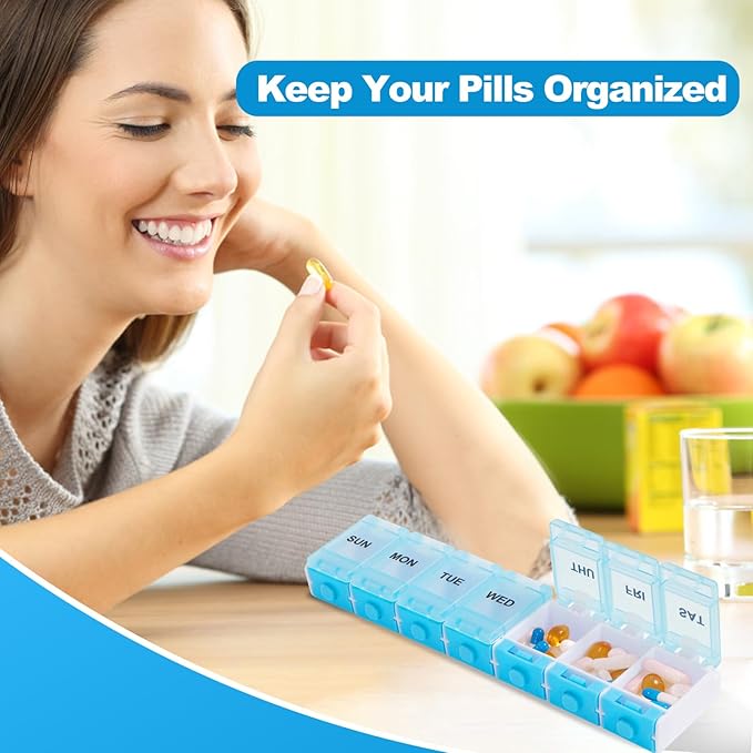 Push Button Weekly Pill Organizer, Medicine Pill Organizer with Label, Pill Box Case 7 Day BPA-Free, Pill Container for Vitamins, Fish Oil, Supplements Medication (Blue)