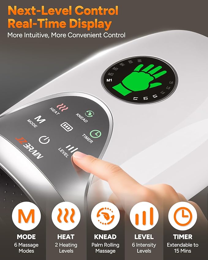 Hand Massager with Heat and Compression : Hand and Wrist Massager with Customizable Modes, Finger Stretch Function, Visual Display, Palm Roller - Daily Comfort for Women, Men, Home, Office Use,White