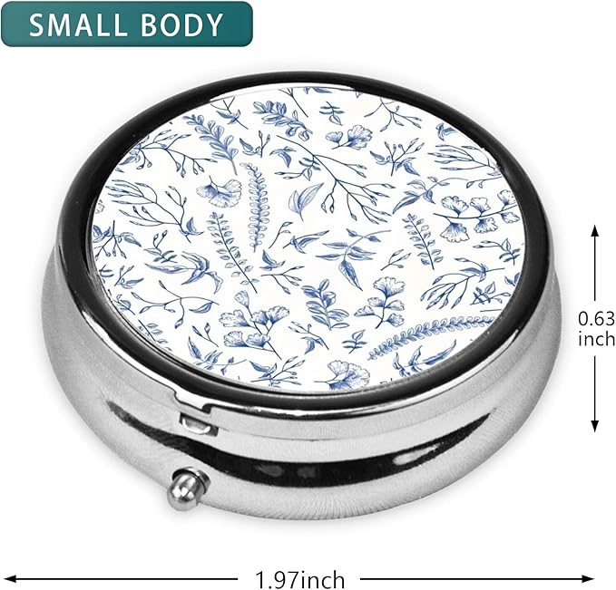 Pill Box 3 Compartment Pocket Cute Small Pill Organizer Mini Metal Pill Holder Travel Portable for Woman Old People and Kids - Vintage Blue Flower