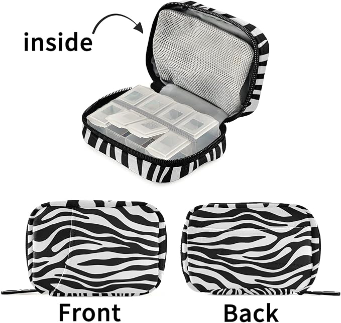 xigua Zebra Pill Case 7-Day Travel Pill Organizer Box with Zipper Closure for Vitamins, Medication and Supplements