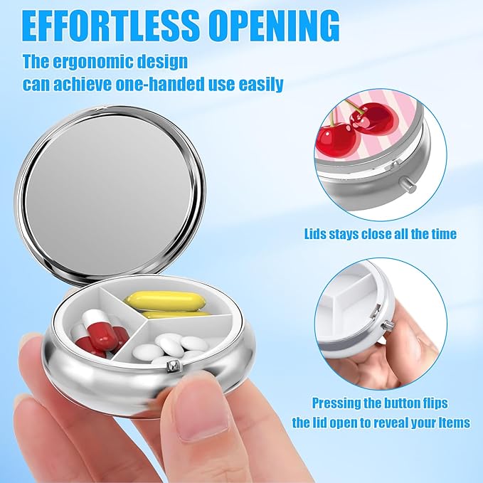 Pink Cherry Bow Pill Case, Pill Box 3 Compartments Metal Small Pill Holder with Mirror Mini Travel Pill Container for Purse Pocket Women Men