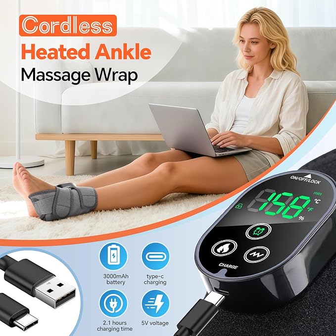 Cordless Foot Massager for Neuropathy, Foot and Ankle Massager, Ankle Heating Pad with Massage, 6 Heating, 3 Massage Modes&Timer, Gray