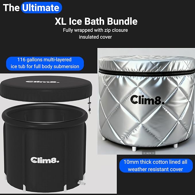Insulated Cold Plunge Tub: Combining an XL Ice Bath Tub & a Thermal UV-Reflective Cover for Indoor and Outdoor Use,Portable Icy Tub with Dual Drain Systerm for Fast and Easy Drainage