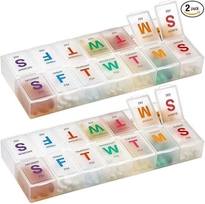 Large Weekly Pill Organizer - 2 Pack AM PM Pill Box - XL 7 Day Pill Organizer for Medication, Pills, Supplements with Braille, Bright, Easy to Read