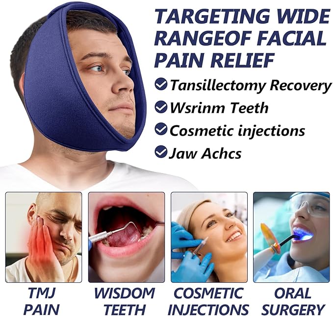 Wisdom Teeth Ice Pack Head Wrap, Face Ice Pack for Jaw Oral Surgery Pain Relief for TMJ, Teeth Removed, 4 Cold Therapy Gel Packs Reusable, Blue