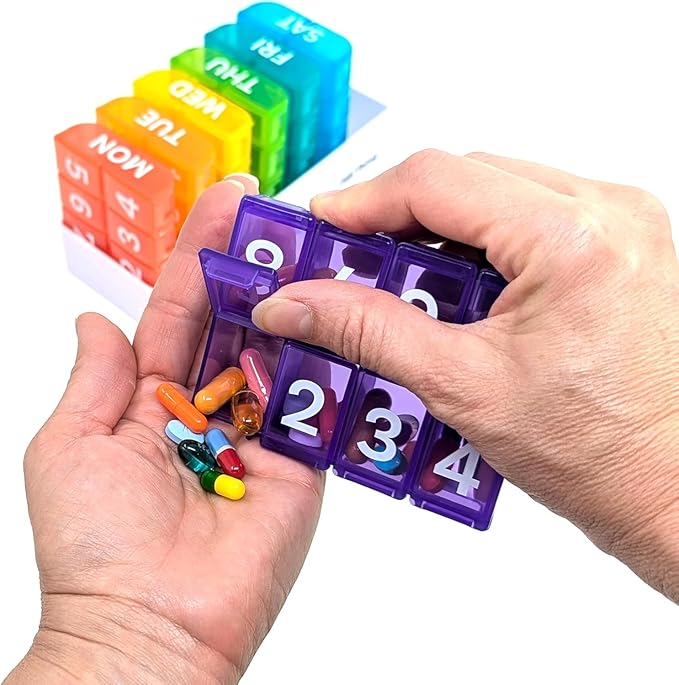 6 Times a Day, 7 Day Large Weekly Pill Organizer with Holder Tray, Vitamin, Medicine Box, Multicolor with Medical Alert Card (8X a Day - 2 Pack)