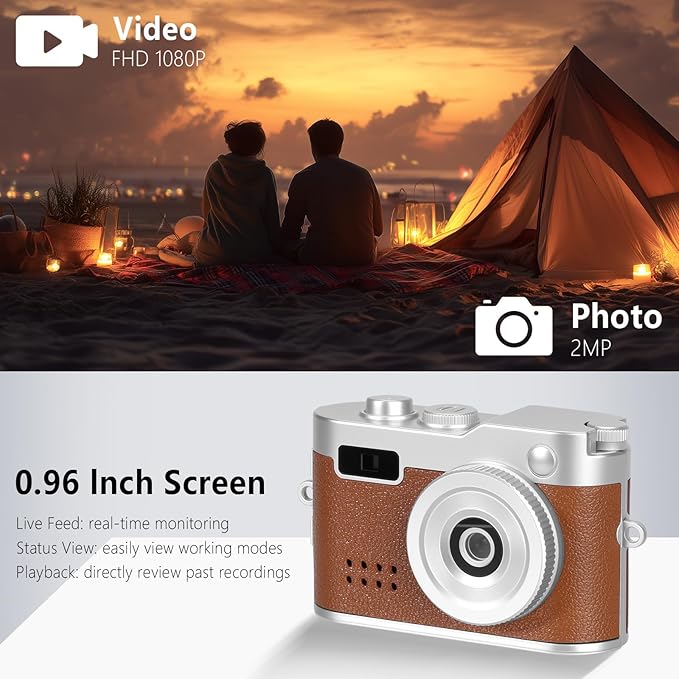 Mini Keychain Camera, FHD 1080p Mini Digital Camera with 32GB SD Card, Flash, 6 Creative Filters, 0.96" HD Display, 100 Mins Battery Life for Travel Recording Birthday Gifts (Vintage, Brown)