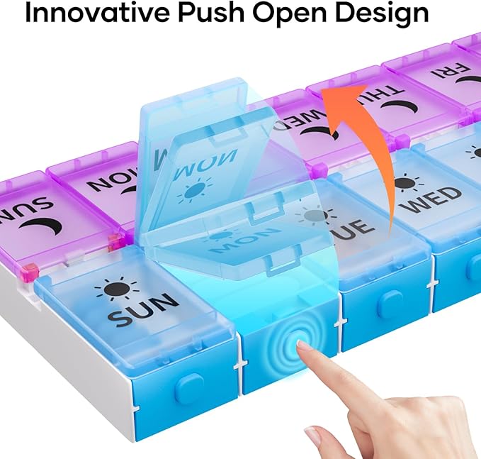 Weekly Pill Organizer 2 Times a Day, Push Button Medicine Pill Organizer, BPA-Free Pill Box Case Container 7 Day AM PM for Vitamins, Fish Oil, Supplements and Medication (Purple & Blue)