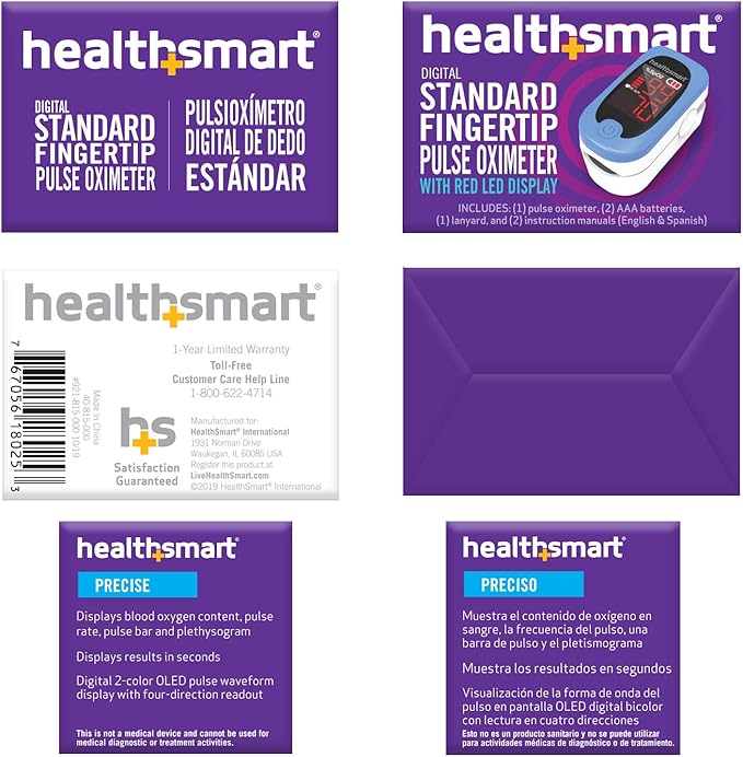 HealthSmart Pulse Oximeter for Fingertip, Displays Blood Oxygen Saturation & Pulse Rate, Accurate & Reliable, Batteries & Lanyard Included