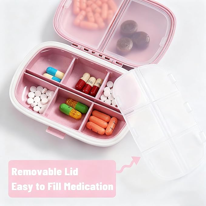 2PCS INVODA Pill Organizer Travel Pill Box 8 Compartments Moisture Proof Small Pill Case for Pocket Purse Daily Pill Container Portable Medicine Fish Oil Vitamin Holder
