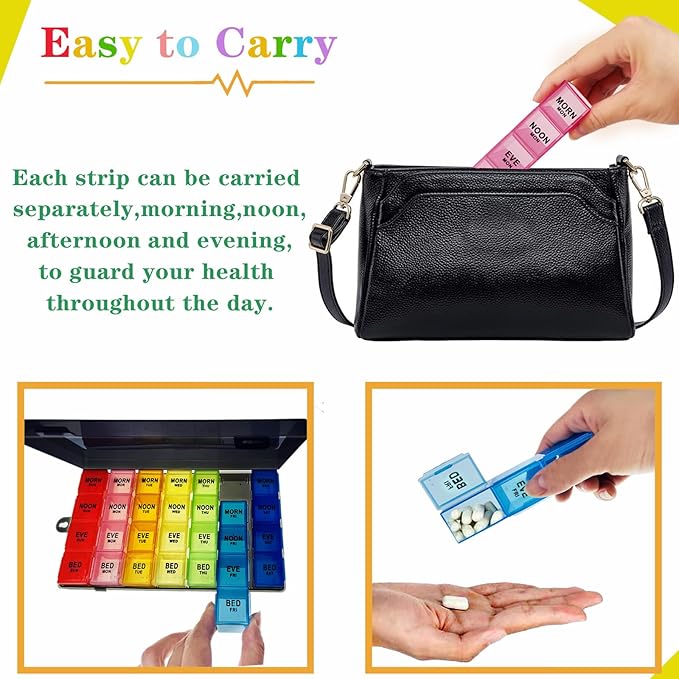 Weekly Pill Organizer 4 Times a Day, Large Medicine Organizer, Pill Box 7 Day 28 Compartment, Portable Travel Pill Container Case for Vitamin and Supplement (Color)