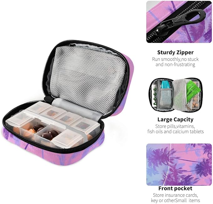 Gradient Blue and Pink Palm Trees Travel Pill Organizer Case Box Container Weekly Portable Vitamin Medicine Holder Storage Bag with Zipper Removable