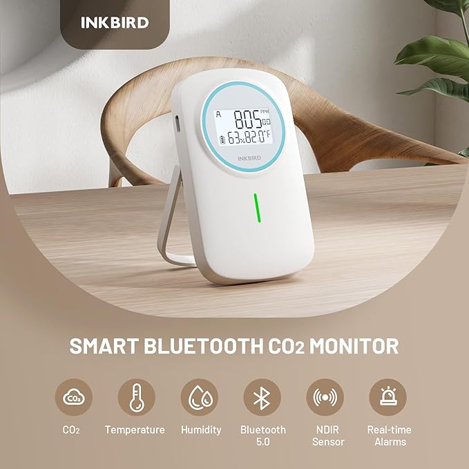 INKBIRD Smart CO2 Monitor Ndir | Bluetooth 3 in 1 CO2 Detector with App | Carbon Dioxide & Temperature & Humidity Air Quality Monitor Indoor Battery Powered | for Home, Office, RV, Grow Tent (IAM-T2)