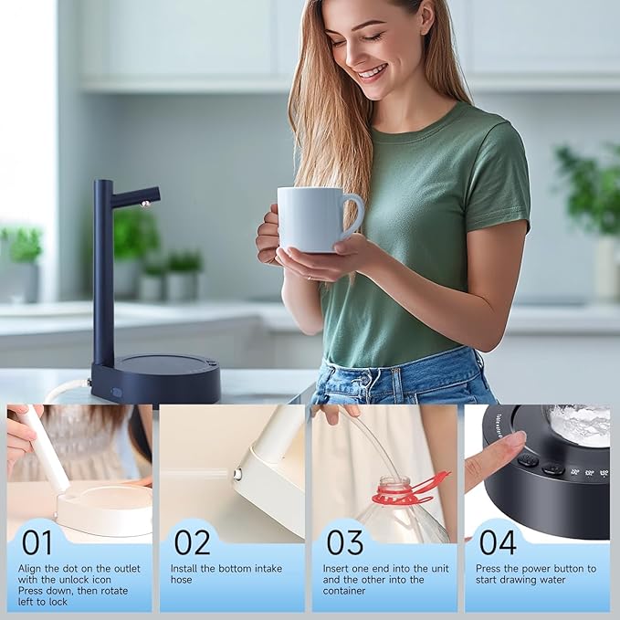 Water Dispenser for 5 Gallon Bottle – Desktop Electric Water Pump with USB-C Fast Charging, Portable 5 Gallon Water Jug Dispenser for Home, Office, Bedside & Countertop(Navy Blue)