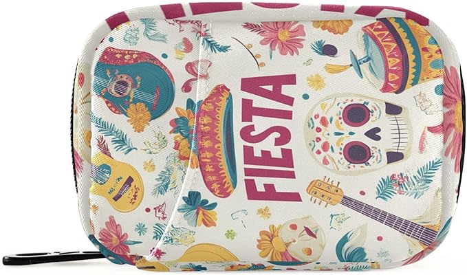 White Fiesta Guitars Skulls Hats Travel Pill Organizer Case Box Container Weekly Portable Vitamin Medicine Holder Storage Bag with Zipper Removable