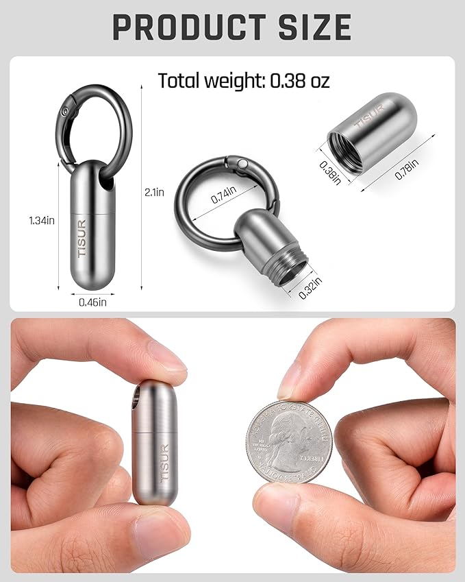 TISUR Micro Keychain Pill Holder, Titanium Pill Case Waterproof Pill Container, Portable Tiny Pill Organizer for Travel Purse Pocket