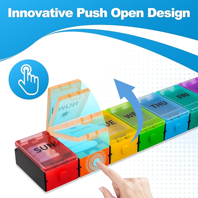 Push Button Weekly Pill Organizer, Medicine Pill Organizer with Label, Pill Box Case 7 Day, Pill Container for Vitamins, Fish Oil, Supplements Medication (Colorful)