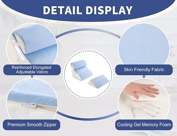 4PCS Bed Wedge Pillow for Sleeping and Sitting Up, Orthopedic Memory Foam Pillow Set for Back Pain, Post Surgery Recovery, Acid Reflux, GERD Relief, Triangle Shape, Blue White