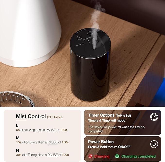 Waterless Essential Oil Diffuser Starter Kit with 2 x 30mL Hotel Scent Fragrance Oil, Battery Operated Scent Air Machine Cordless Portable Diffuser for Home Car, ANZ Black 2PCs Kit