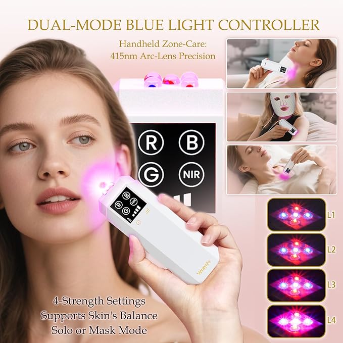Red Light Therapy for Face, LED Facial Mask, Skin Care Light with Near Infrared 850nm & Adjustable Blue Light, Portable Home Device with 7 Colors & 8 Modes, 432 Beads Pro LEDs (White-C)