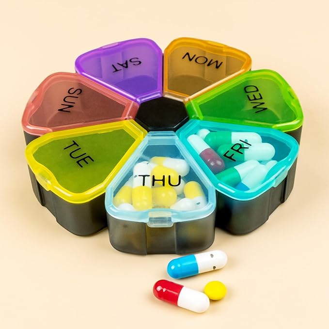 7 Day Pill Case for Medication, Vitamins, Fish Oils, Supplements, Travel Pill Box (Black Rainbow)