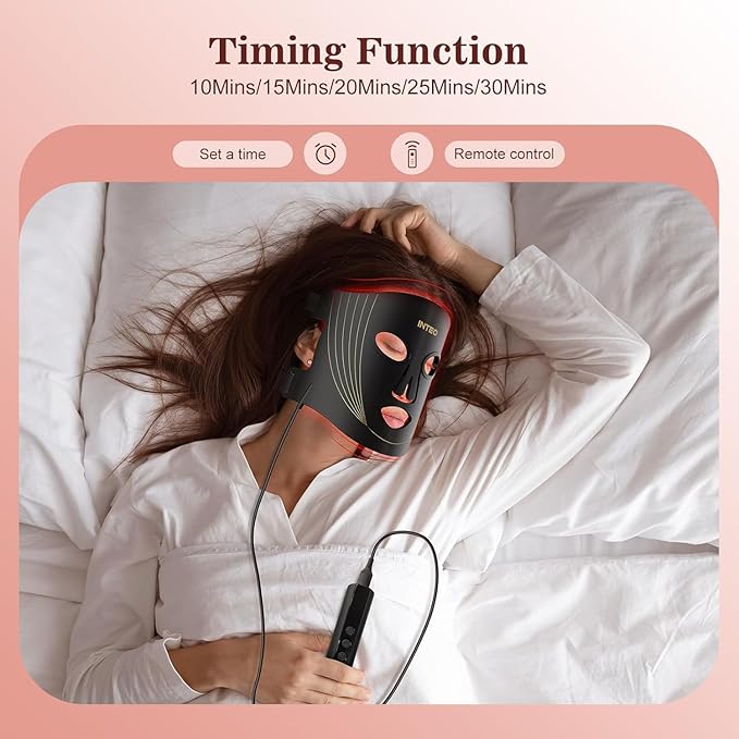 INTEO Red Light Therapy for Face, 3 Modes Portable Led Face Mask Light Therapy with Remote, Near-infrared 850 Red Light Mask with Timing Function, Led Light Therapy At Home 180 LED Beads