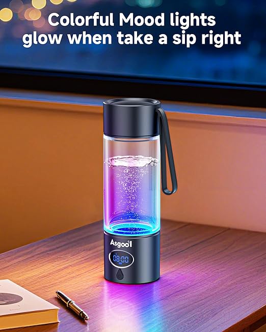 Hydrogen Water Bottle - 5000 PPB in 8 Minutes, Cyclic Mode for 8 Hours, Self Clean, Aluminum & Glass, for Travel Sports Office Home, Gift for Father Mom Family Friends Clients(Black, 12Oz)