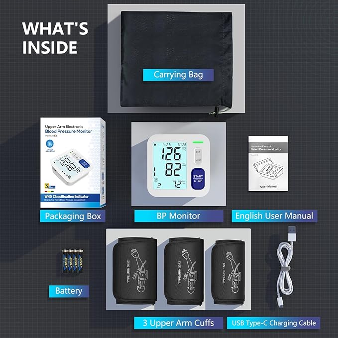 Blood Pressure Machine Upper Arm, 3 Size Cuffs Included, Small 7"-9", Medium 9"-17" and Extra Large XL Cuff 13"-21", Accurate Automatic Digital BP Monitor Home Use, Large Backlit LCD, 3 Users