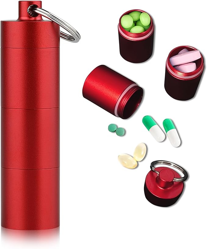 Pill Box Keychain, Aluminum Alloy, Waterproof Compact Pill Organizer for Emergency Pills & Vitamins, Portable Keyring Necklace Holder, Travel Hiking Essentials, 3 Compartments, Red